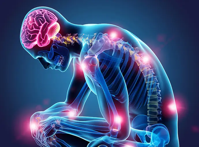 human skeleton with highlighted pain points and brain activity
