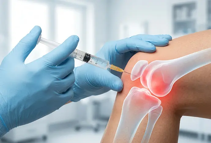 Healthcare professional administering an injection into a knee joint - demonstrating the treatment of pain