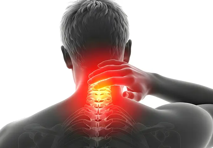 human spine with red glowing neck pain