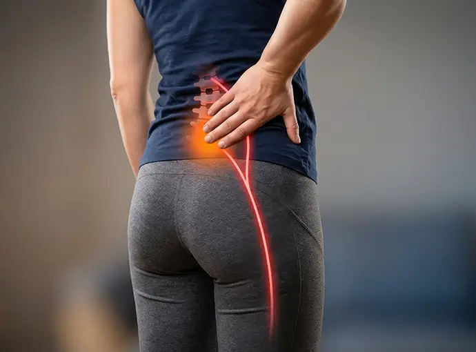 Woman suffering from lower back pain and sciatica nerve inflammation