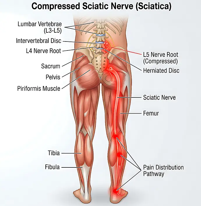 demonstrating sciatica symptoms in the human leg and lower back anatomy