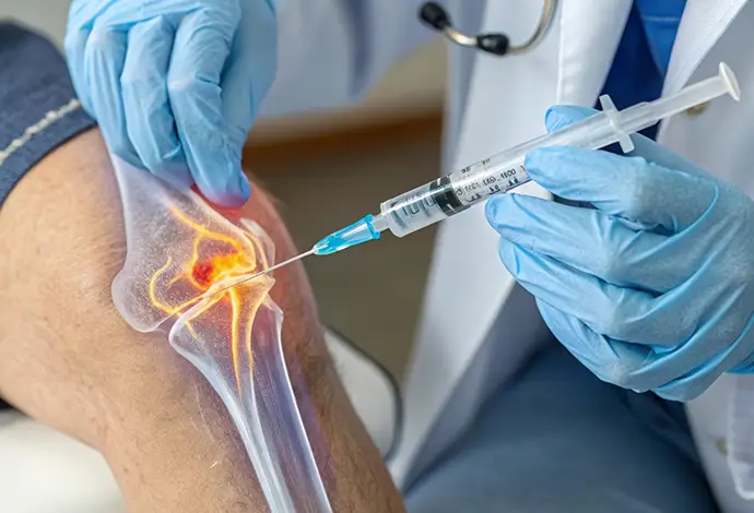 doctor administering an injection into a patient's knee joint for treatment