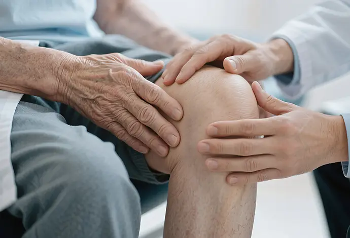 orthopedic doctor examining senior patient knee joint pain injury