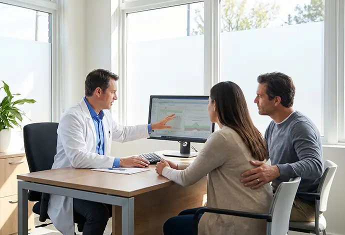 Doctor going over test results and care plan with couple - Saint Louis Pain Center Services