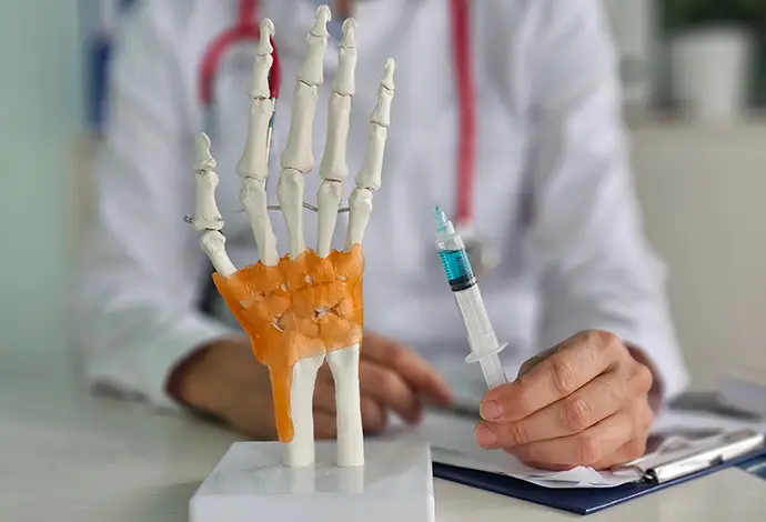 doctor using a model of a human hand to demonstrate how neuropathy treatment works at Saint Louis Paint Center