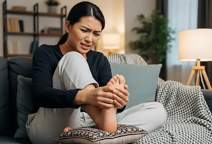 Asian woman sitting on sofa feeling pain in her foot at home