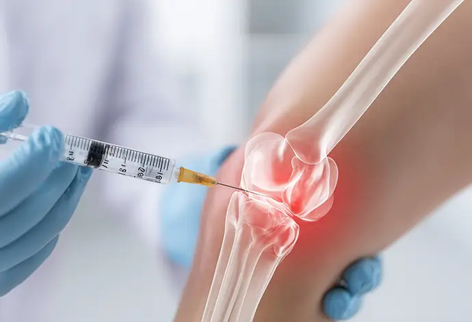 clinician injecting platelet-rich plasma into a painful knee joint to treat osteoarthritis