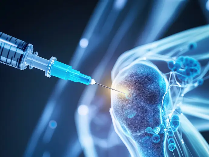 syringe injecting stem cells into knee joint for regeneration