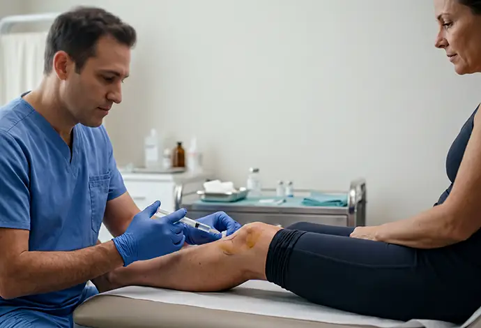 a clinical setting showcasing a knee injection