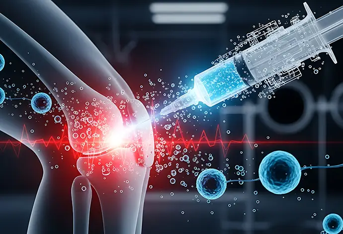 Medical Syringe Injecting Medicine into a Human Knee Joint for Pain Relief and Regenerative Therapy